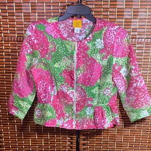 Ruby Rd Size 10 Floral Peplum Jacket Pink Green Zip Front 3/4 Sleeve